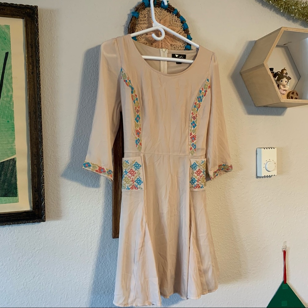 Cutie 8 Swing dress cream w/ rainbow embroidery